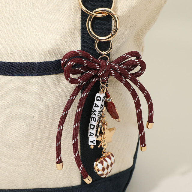 Football Themed Charm GAME DAY Message Beaded Rope Bow Accent Keychain / Bag Charm